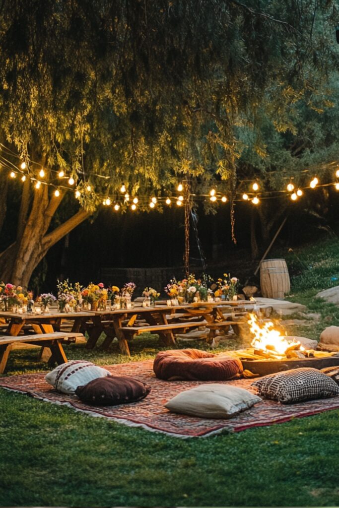 A rustic backyard wedding party with hanging string lights, picnic tables decorated with wildflowers, and a cozy firepit surrounded by blankets and cushions.