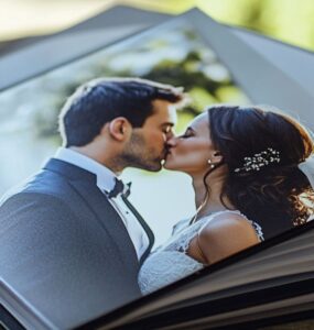 A beautifully crafted wedding album lying on a table, opened to a page showing a couple’s first kiss, symbolizing the eternal joy of their union.