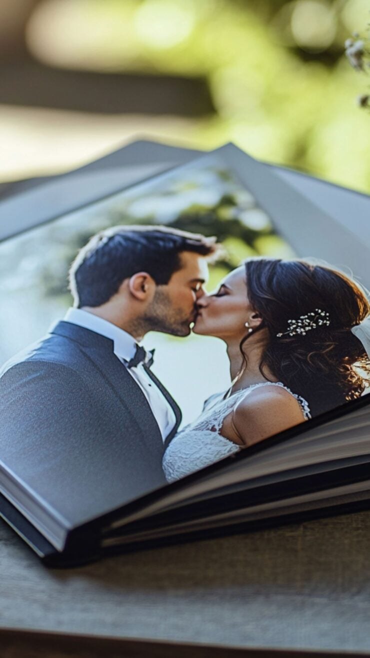 A beautifully crafted wedding album lying on a table, opened to a page showing a couple’s first kiss, symbolizing the eternal joy of their union.