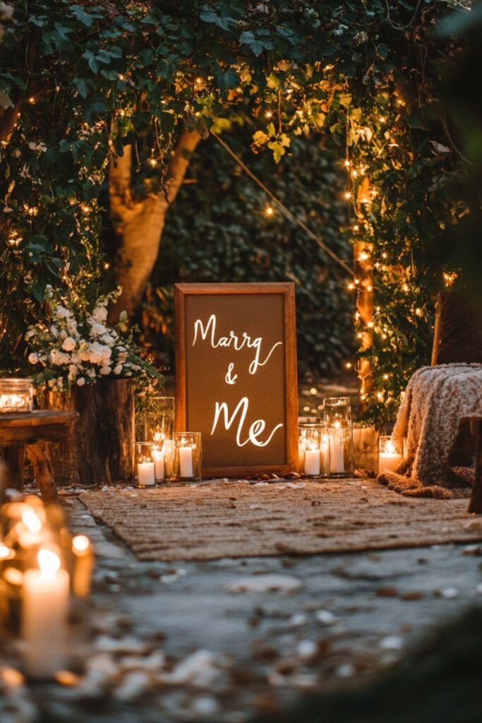 A romantic rustic wedding proposal setup with a candle-lit pathway, a 'Marry Me?' sign in front of a greenery backdrop, and cozy seating with throws