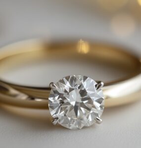 A close-up of a timeless solitaire diamond wedding ring on a sleek gold band, symbolizing love and commitment.