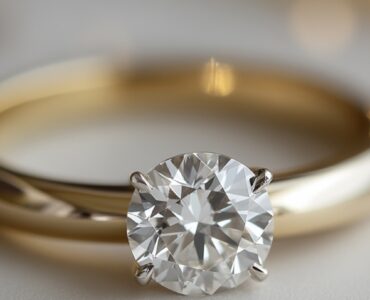 A close-up of a timeless solitaire diamond wedding ring on a sleek gold band, symbolizing love and commitment.