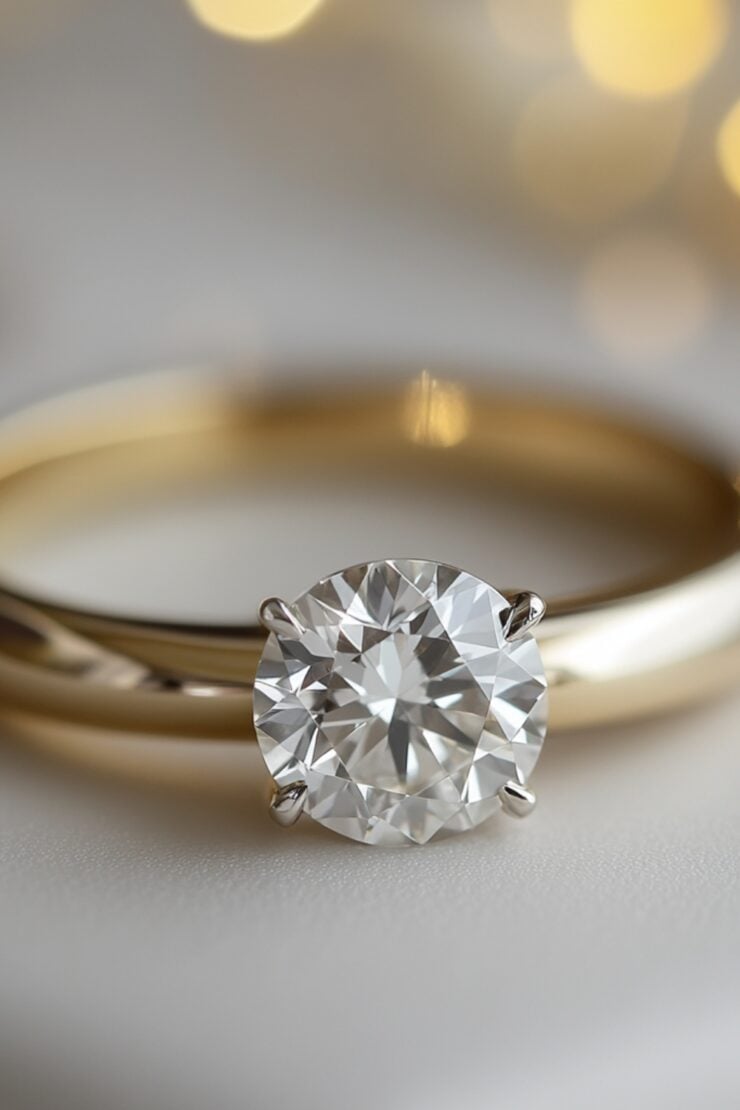 A close-up of a timeless solitaire diamond wedding ring on a sleek gold band, symbolizing love and commitment.