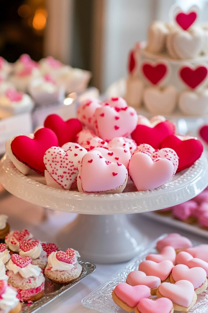 Valentine’s-themed February wedding shower with heart-shaped desserts, pink and red decor, and personalized party favors.