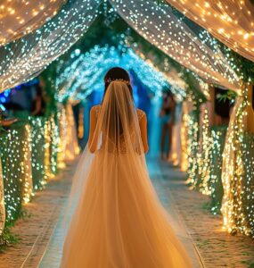 A bride walking down a beautifully designed wedding walkway, showcasing various enchanting themes and decorations to inspire wedding planning.