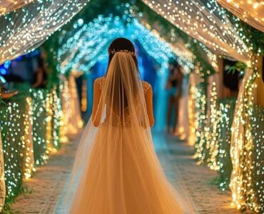 A bride walking down a beautifully designed wedding walkway, showcasing various enchanting themes and decorations to inspire wedding planning.