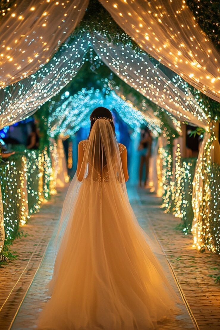 A bride walking down a beautifully designed wedding walkway, showcasing various enchanting themes and decorations to inspire wedding planning.