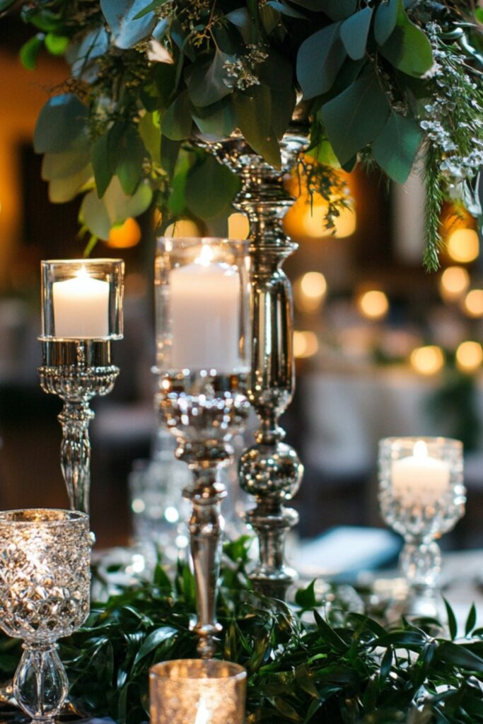Sophisticated February wedding decorations with silver candleholders, lush greenery, and crystal accents for a winter ambiance.
