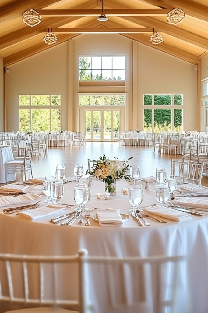 An empty wedding venue with tables set for a reception, showcasing discounted off-season rates.