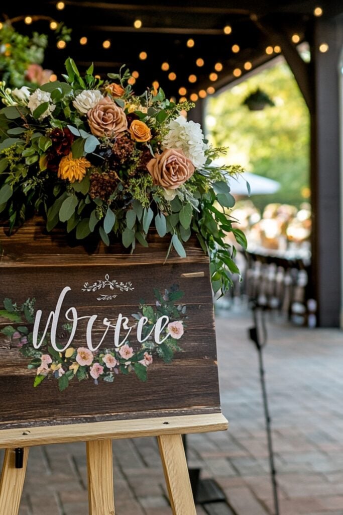 A rustic wooden welcome sign with the couple’s names and engagement date, accented with flowers and greenery, standing at the party entrance.