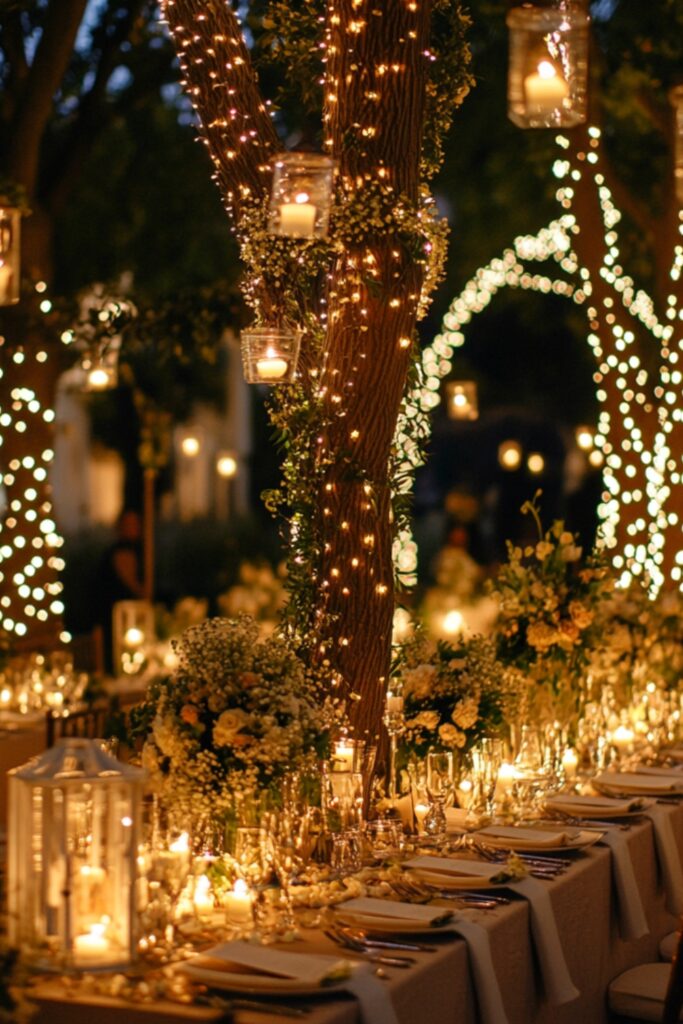 A whimsical spring wedding scene featuring string lights wrapped around trees, glowing lanterns on tables, and a flower-draped chandelier creating a magical ambiance.