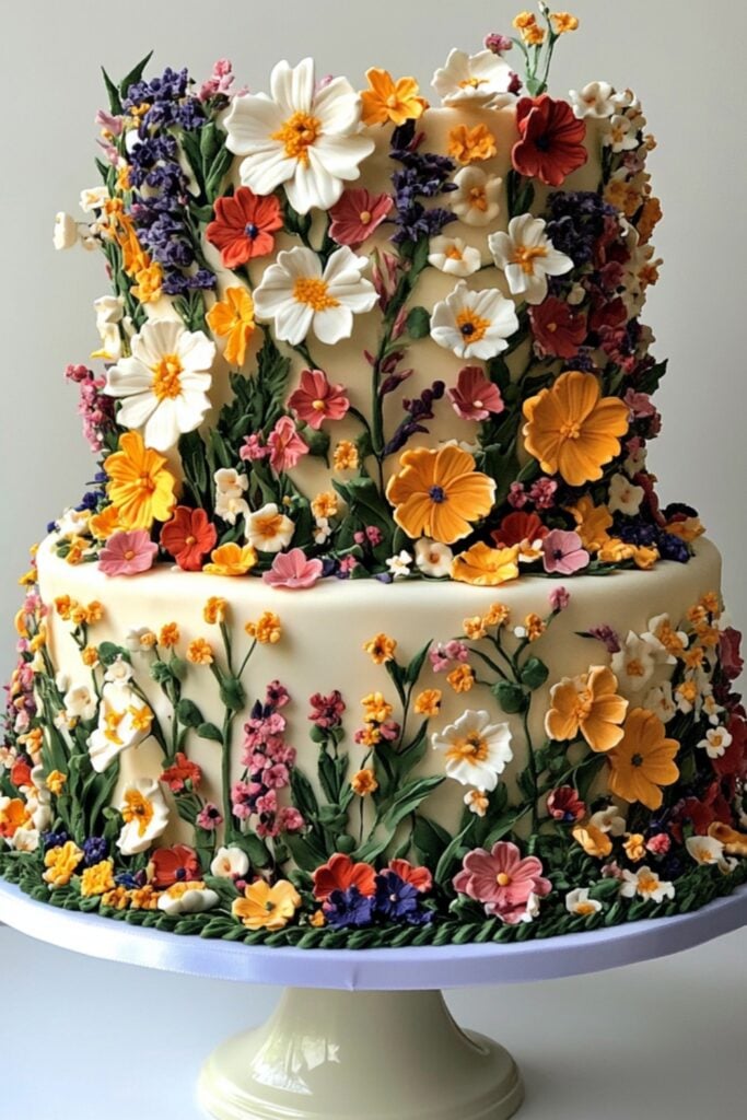 A wedding cake decorated with hand-piped buttercream wildflowers in bright colors and edible greenery, designed to resemble a blooming spring meadow.