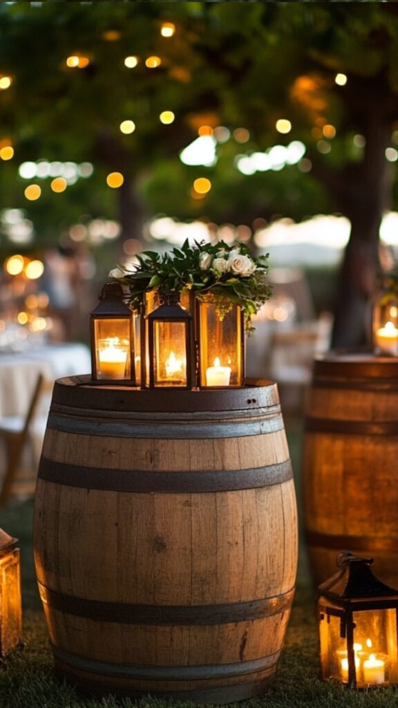 Repurposed wine barrels topped with lanterns, providing a rustic and stylish lighting solution for a wedding reception.