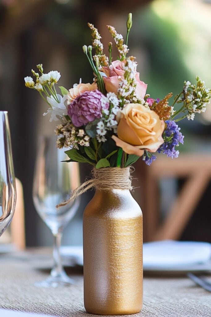 A repurposed wine bottle painted in metallic gold, adorned with twine, and filled with fresh flowers, placed as a chic table decoration.