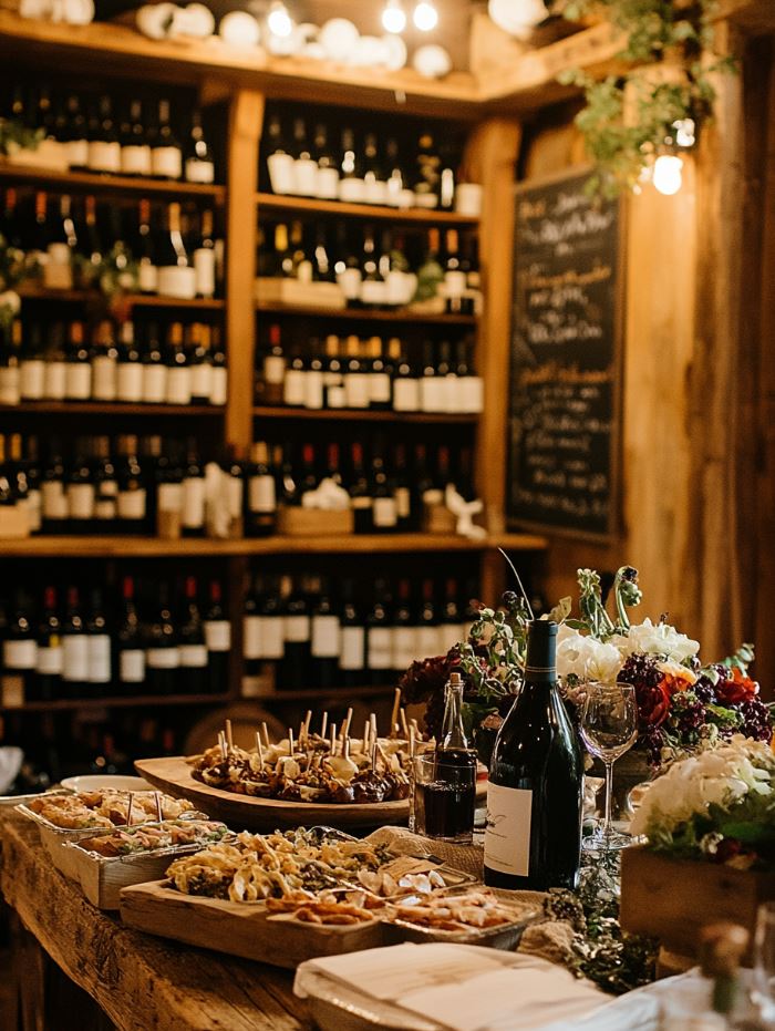 Cozy wine cellar reception with shelves filled with wine bottles, intimate lighting, and guests enjoying wine tastings and gourmet appetizers.