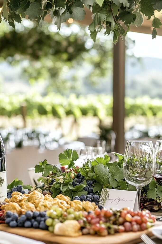 A vineyard wedding reception with rolling vines in the background, wine pairings, gourmet appetizers, and custom wine labels for guests.
