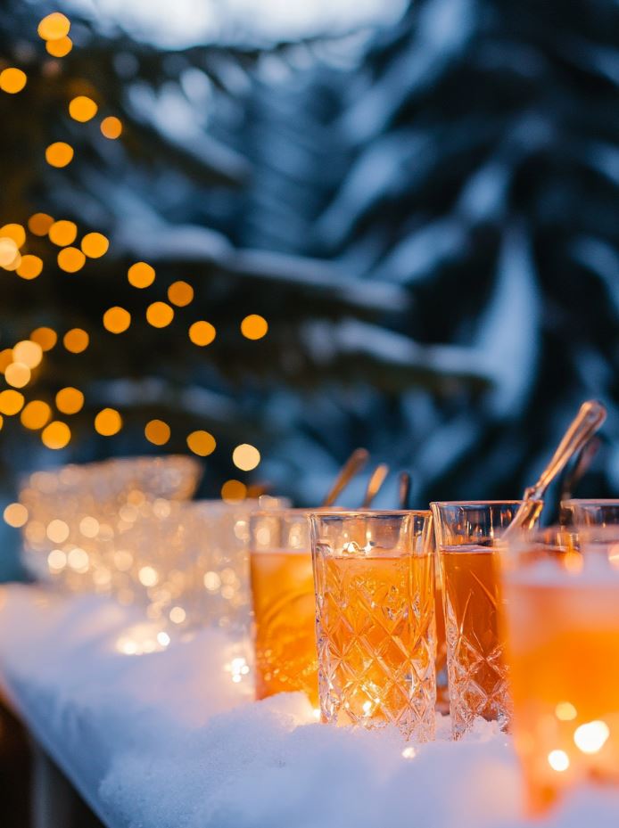Magical winter wonderland wedding reception with twinkling lights, frosty décor, and guests sipping mulled wine while celebrating in a cozy, snow-themed atmosphere.