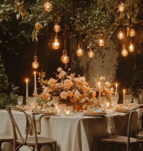 An intimate wedding setup with a small group of guests, featuring a romantic outdoor dinner table adorned with candles, flowers, and meaningful personal touches.