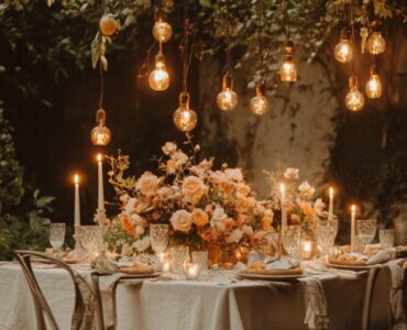 An intimate wedding setup with a small group of guests, featuring a romantic outdoor dinner table adorned with candles, flowers, and meaningful personal touches.
