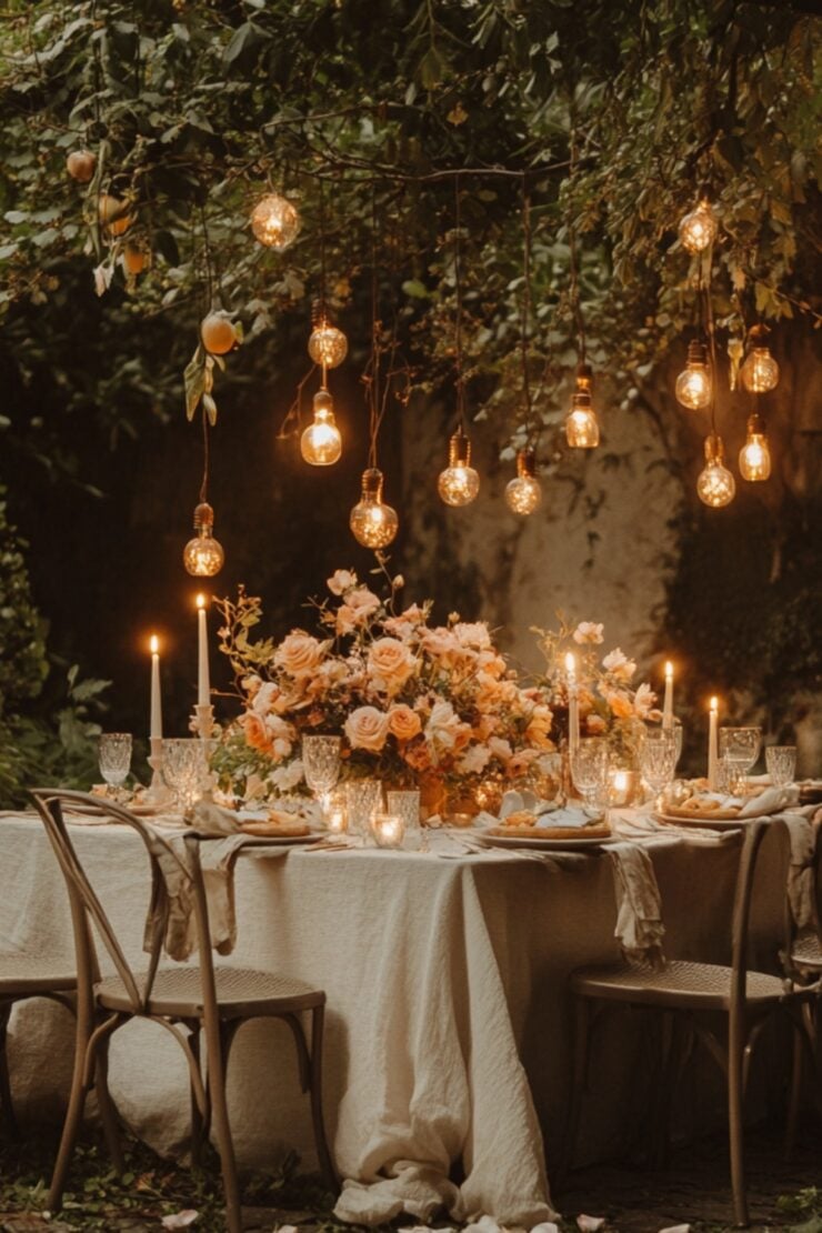 An intimate wedding setup with a small group of guests, featuring a romantic outdoor dinner table adorned with candles, flowers, and meaningful personal touches.