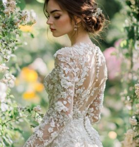 An elegant bride standing in a garden, wearing a white floral-embroidered gown, surrounded by blooming flowers and greenery, exuding romantic charm.