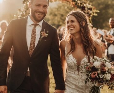 Image of a newlywed couple walking hand-in-hand through a scenic backdrop, with a personalized wedding arch behind them and joyous guests celebrating in the background.