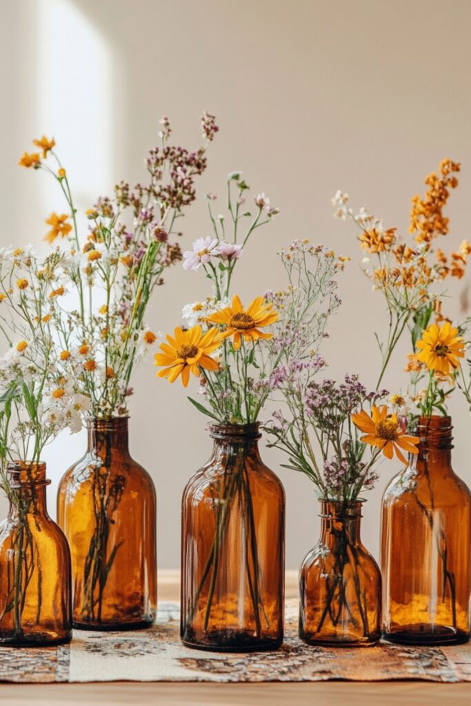 A collection of amber glass bottles in various heights, each holding single-stem wildflowers, displayed on a wooden table with boho fabric runners.