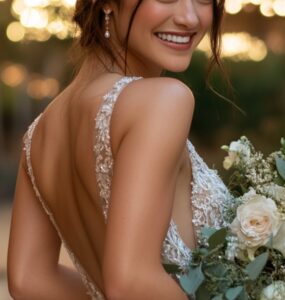A bride in a stunning backless wedding gown, holding a bouquet and smiling brightly under soft evening lights, capturing the essence of elegance and individuality.