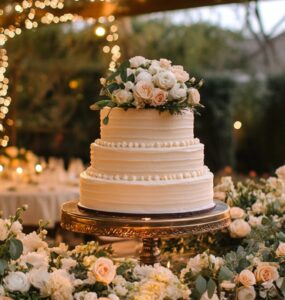 A beautifully decorated backyard wedding cake on a rustic wooden table, surrounded by flowers and fairy lights, setting a romantic outdoor ambiance.