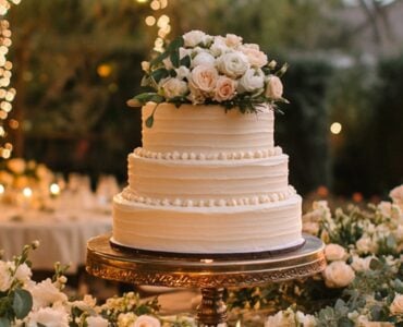 A beautifully decorated backyard wedding cake on a rustic wooden table, surrounded by flowers and fairy lights, setting a romantic outdoor ambiance.