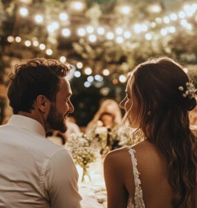 A couple enjoying a backyard wedding, surrounded by lush greenery and fairy lights, with guests dressed in stylish yet comfortable outfits.