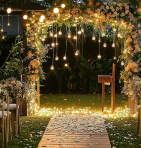 A beautifully decorated backyard with fairy lights, a wooden arch adorned with flowers, and chairs set up for a wedding ceremony, evoking an intimate and magical atmosphere.
