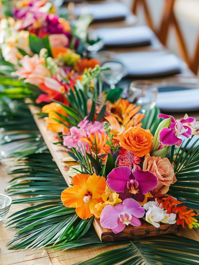 Bamboo trays and palm leaves combined with tropical flowers like hibiscus and orchids, creating a tropical yet bohemian wedding centerpiece.