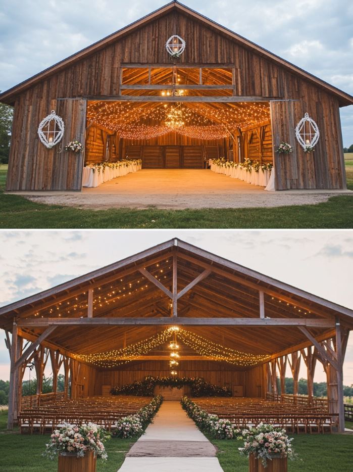Rustic barn wedding with wooden beams, twinkling lights, floral arrangements, and open fields for a country celebration.