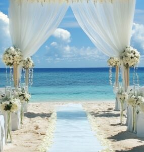 An elegant beach wedding scene with the ocean's natural beauty as a backdrop, emphasizing how different aesthetics can create a memorable and personalized celebration by the sea.