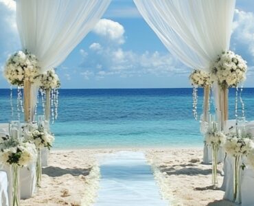 An elegant beach wedding scene with the ocean's natural beauty as a backdrop, emphasizing how different aesthetics can create a memorable and personalized celebration by the sea.