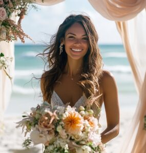 Sunlit beach scene with an altar decorated with flowing fabric and flowers, a bride with flowing beach waves smiling as she prepares to walk down the aisle.