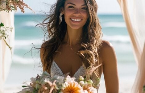 Sunlit beach scene with an altar decorated with flowing fabric and flowers, a bride with flowing beach waves smiling as she prepares to walk down the aisle.