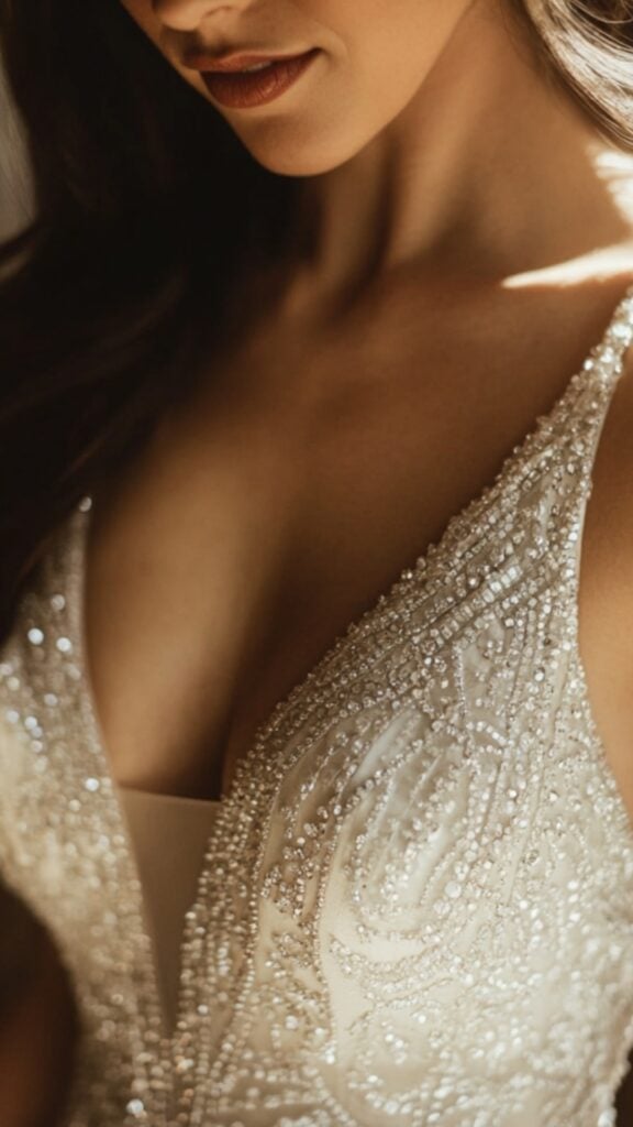 A beaded sheath wedding dress with shimmering crystals and sequins, capturing light beautifully as the bride walks down the aisle in elegance.