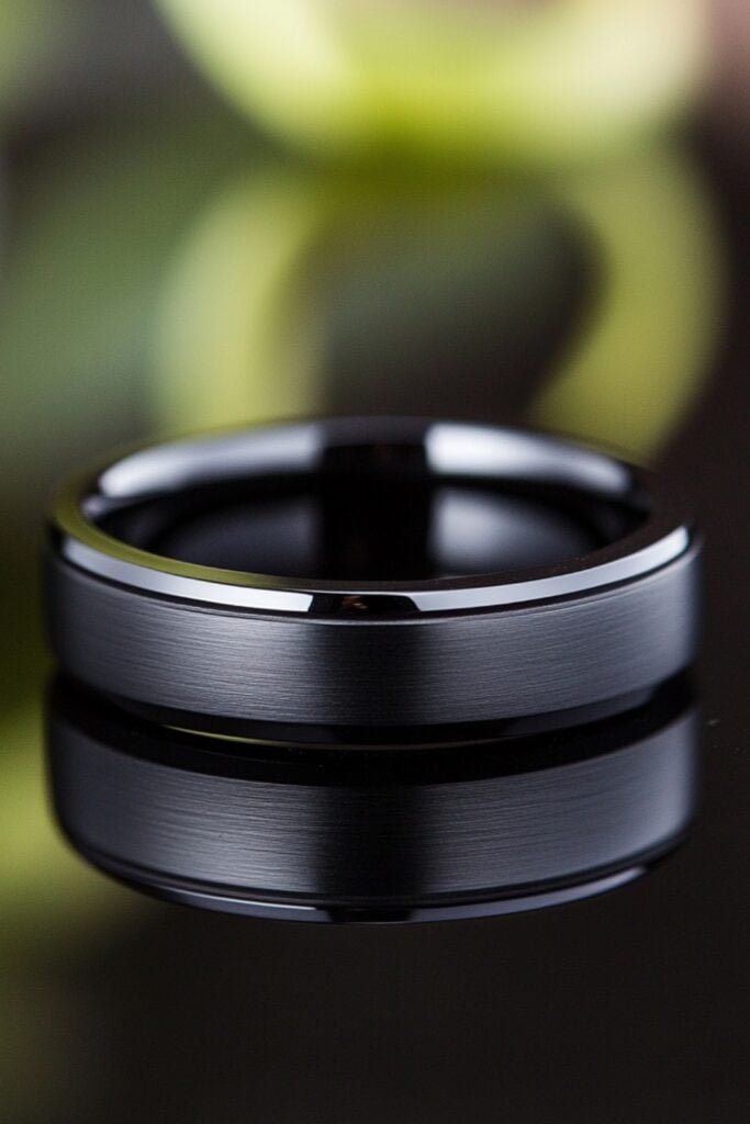 Matte black tungsten wedding band with subtle beveled edges, placed on a reflective black surface.