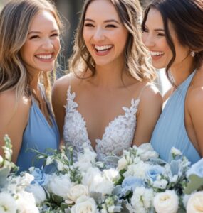 A group of bridesmaids in a mix of blue dresses, celebrating a wedding day with elegance and harmony in every shade.