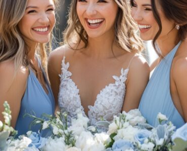 A group of bridesmaids in a mix of blue dresses, celebrating a wedding day with elegance and harmony in every shade.