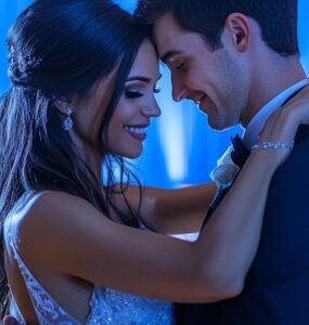 A newlywed couple dancing under soft blue lighting with elegant floral arrangements and romantic candlelit tables, symbolizing the timeless beauty and elegance of a blue-themed wedding.