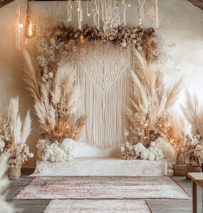 A romantic bohemian wedding ceremony setup featuring an elegant backdrop with natural elements, including pampas grass, macramé details, and hanging fairy lights, creating a whimsical atmosphere.