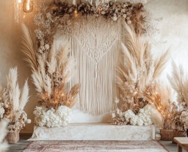 A romantic bohemian wedding ceremony setup featuring an elegant backdrop with natural elements, including pampas grass, macramé details, and hanging fairy lights, creating a whimsical atmosphere.