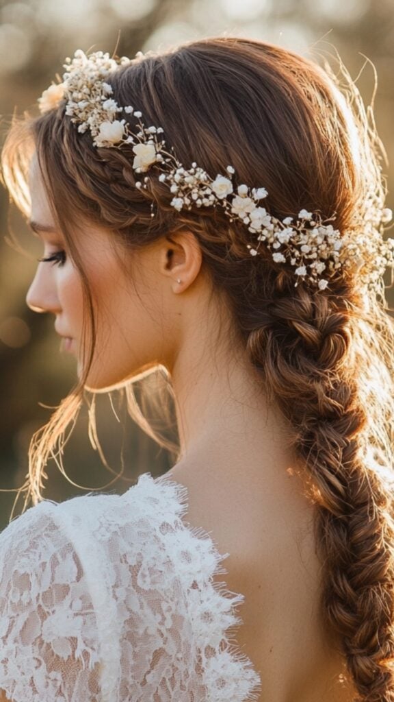 A bride in an outdoor setting wearing a braided crown hairstyle interwoven with small flowers. The relaxed, bohemian vibe pairs with her flowy lace wedding dress.