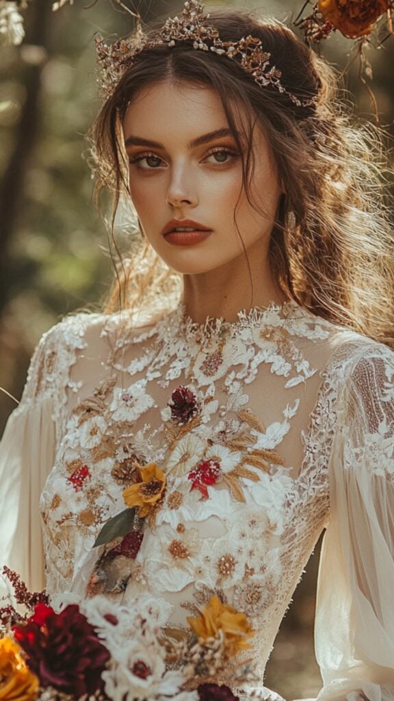 Free-spirited bride in a boho-chic midi wedding dress adorned with floral embroidery, sheer lace sleeves, and a flowing silhouette for a rustic celebration.