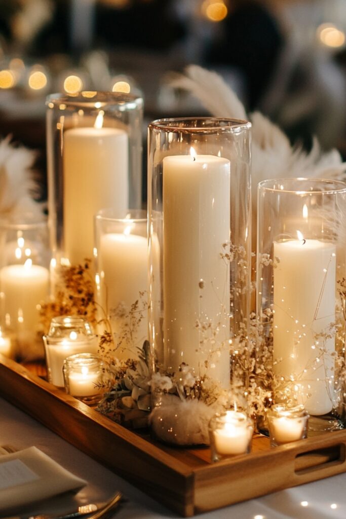 A centerpiece featuring a mix of neutral-toned feathers and pillar candles on a wooden tray, with glass terrariums containing fairy lights for a dreamy ambiance.