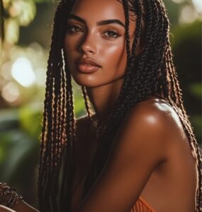 A woman posing outdoors with fresh, styled boho knotless braids and subtle waves, symbolizing the versatility and timeless charm of the hairstyle.