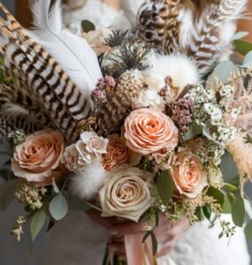 A boho wedding bouquet with a harmonious mix of textures, including feathers, romantic florals, and trailing ribbons, showcasing creative, personalized touches.